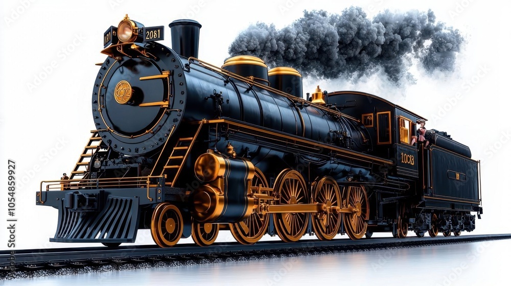 Naklejka premium A photostock of an old-fashioned steam locomotive on a white background, detailed and vintage.