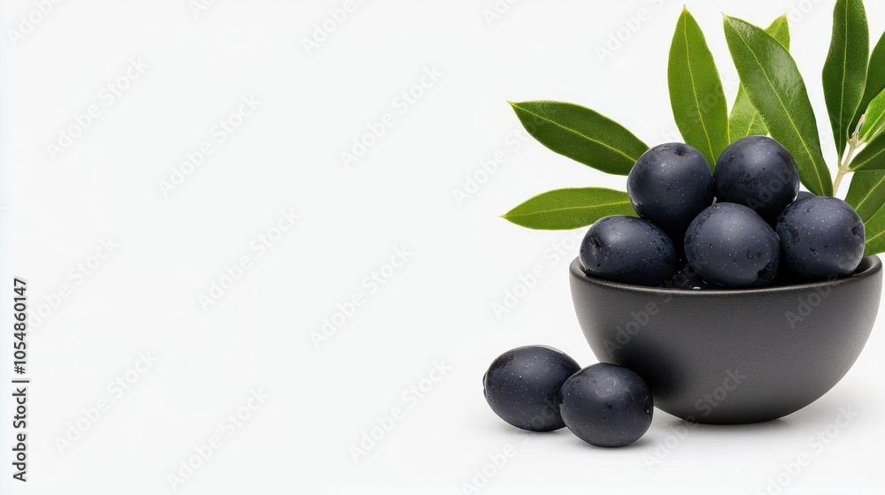 A photostock of black olives in a bowl on a white background, fresh and glossy. A photostock of black olives in a bowl on a white background, fresh and glossy.