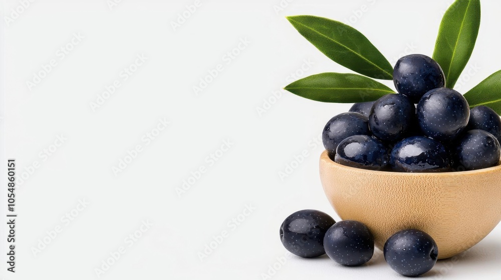 A photostock of black olives in a bowl on a white background, fresh and glossy. A photostock of black olives in a bowl on a white background, fresh and glossy.