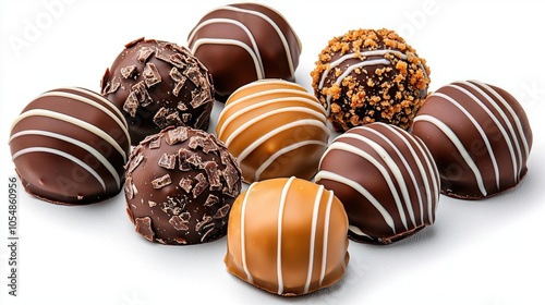 A photostock of chocolate truffles on a white background, rich and indulgent.