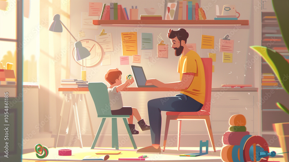 Father and Son Spending Quality Time Together in Sunlit Home Office Father and Son Spending Quality Time Together in Sunlit Home Office