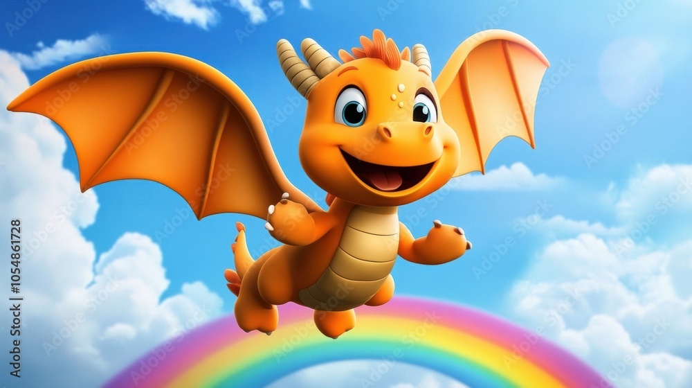 Obraz premium Joyful Cartoon Dragon Flying Over Rainbow