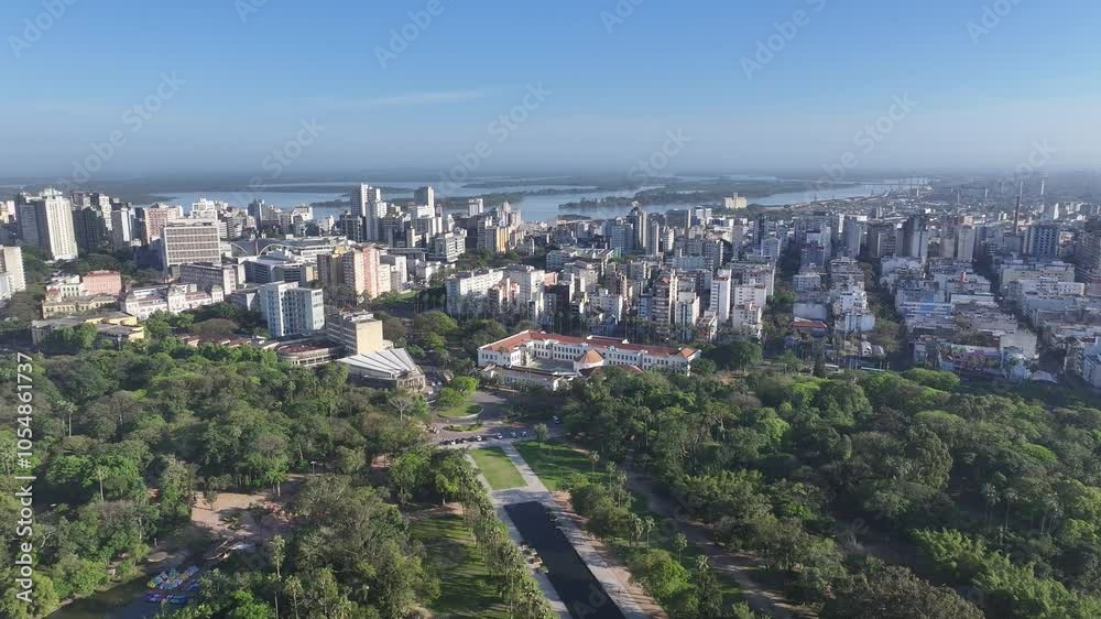 Porto Alegre Skyline At Porto Alegre Rio Grande Do Sul Brazil. Birds Eye View Of Stunning Cityscape With Streets And Buildings. Business Sky Downtown Cityscape. Business Backgrounds Panning Wide.