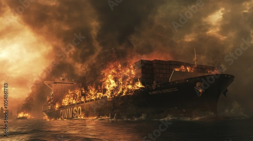 photograph of Burning large container cargo ship photo