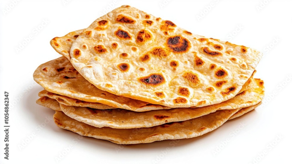 A photostock of flatbreads stacked on a white background, fresh and homemade. A photostock of flatbreads stacked on a white background, fresh and homemade.