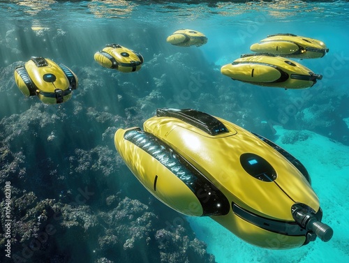 Yellow Submarines in Ocean photo