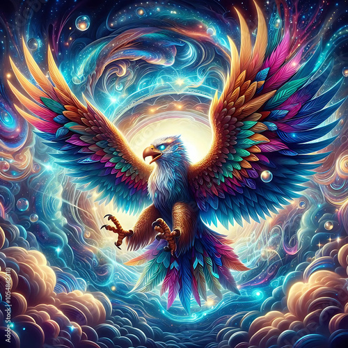 3D rendering of a beautiful eagle in a cosmic space with stars.