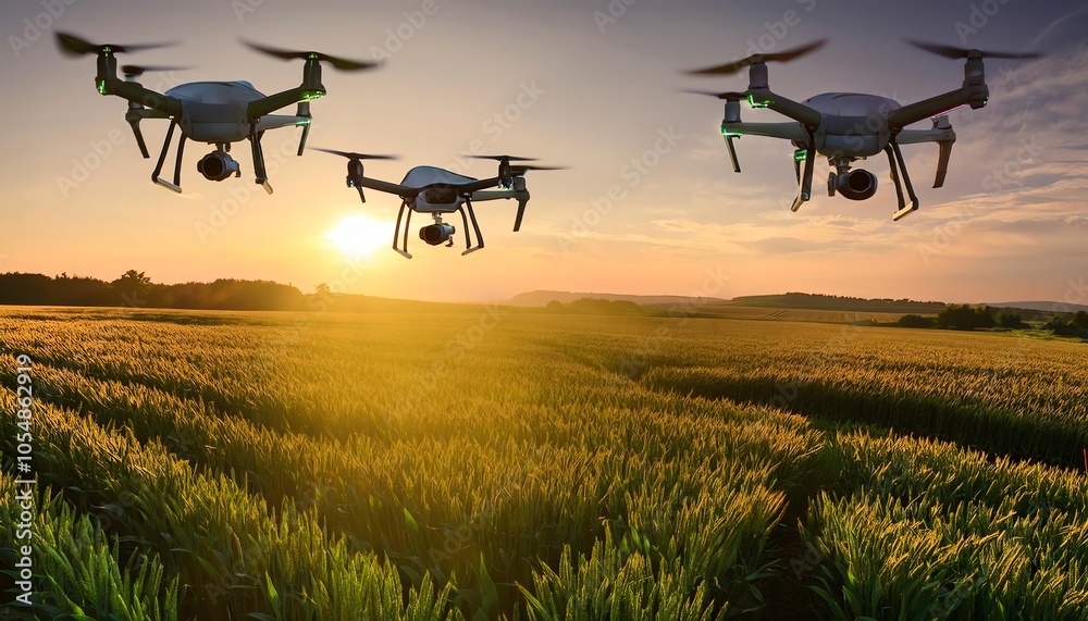 Drones soar above lush fields at sunset, showcasing technology’s role in modern agriculture and aerial farming techniques. Drones soar above lush fields at sunset, showcasing technology’s role in modern agriculture and aerial farming techniques.