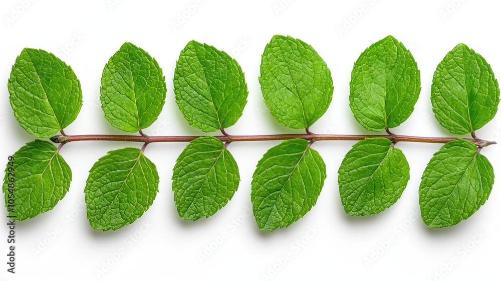 A photostock of fresh mint leaves on a white background, isolated and aromatic. A photostock of fresh mint leaves on a white background, isolated and aromatic.