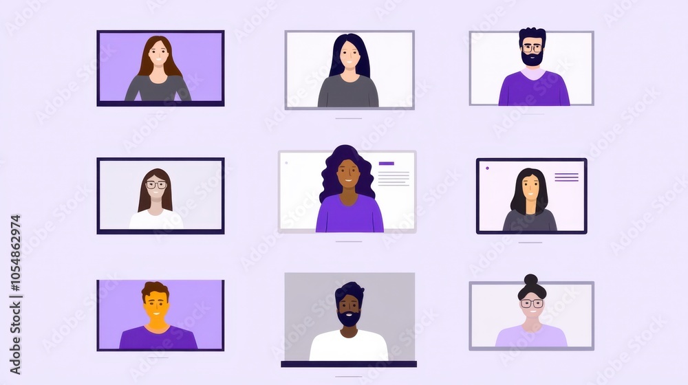 Remote meeting flat vector graphics, showing participants on screens, simple design with communication icons Remote meeting flat vector graphics, showing participants on screens, simple design with communication icons