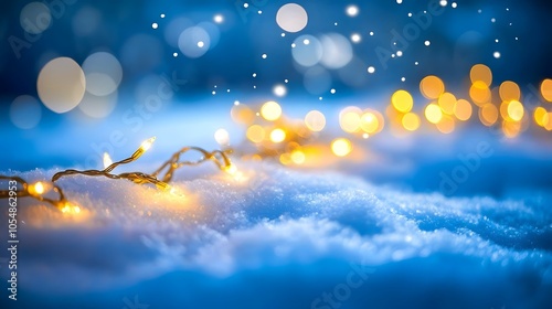 Festive Christmas natural snowy landscape, abstract empty stage, background with snow, snowdrift and defocused Christmas lights. Blue and yellow Golden Christmas lights against blue sky, banner