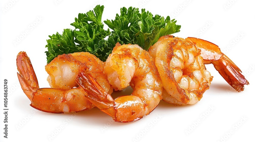 A photostock of fried shrimp on a white background, crispy and golden.