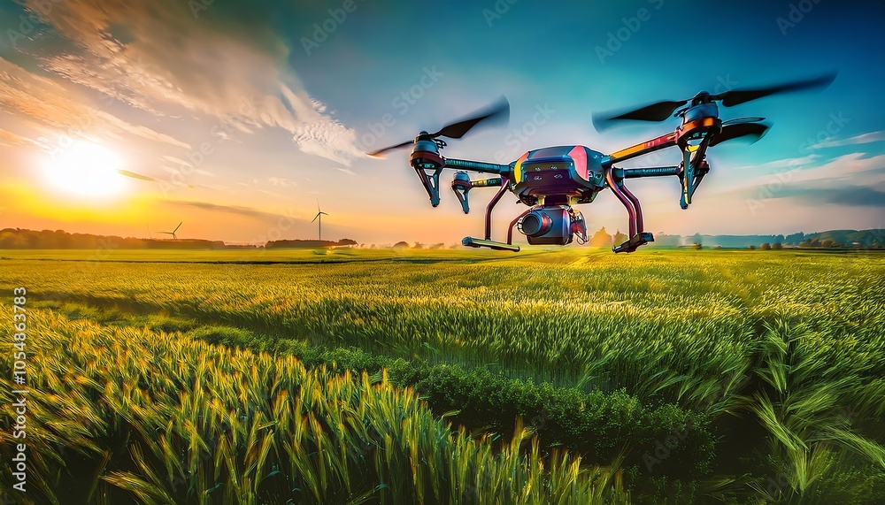 Fototapeta premium A vibrant drone hovers over a lush green field at sunset, capturing the serene beauty of nature and technology in harmony.