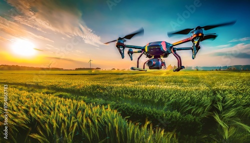 A vibrant drone hovers over a lush green field at sunset, capturing the serene beauty of nature and technology in harmony.