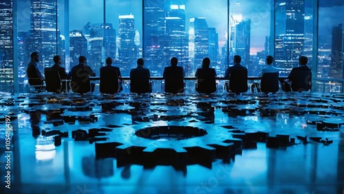 Panoramic night view of city skyline with people working collaboratively in a conference room with floating structures.