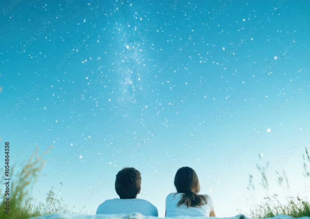 Couple Stargazing Under a Starry Night Sky in Scenic Field Couple Stargazing Under a Starry Night Sky in Scenic Field