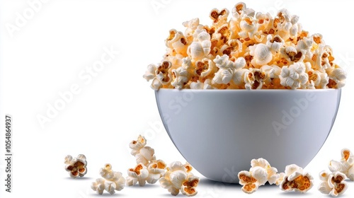 A photostock of a bowl of popcorn on a white background, salted and fluffy.