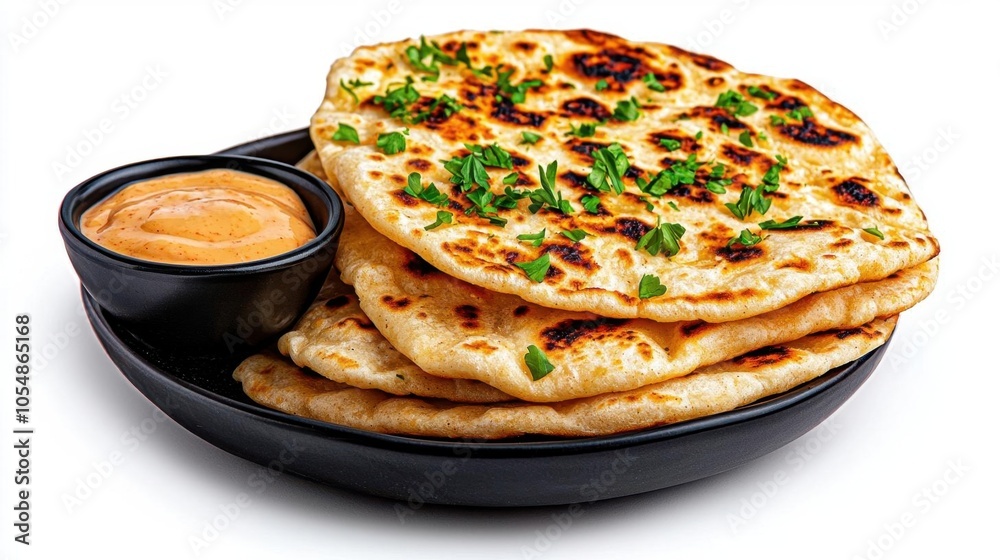 A photostock of naan bread with dipping sauces on a white background, fresh and flavorful. A photostock of naan bread with dipping sauces on a white background, fresh and flavorful.