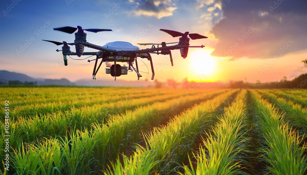 A drone flies over a vibrant green field during sunset, showcasing modern agriculture and technology in a serene landscape. A drone flies over a vibrant green field during sunset, showcasing modern agriculture and technology in a serene landscape.