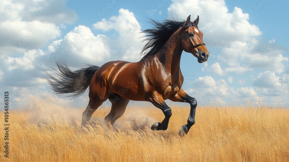 A galloping horse in a golden field under a blue sky. A galloping horse in a golden field under a blue sky.