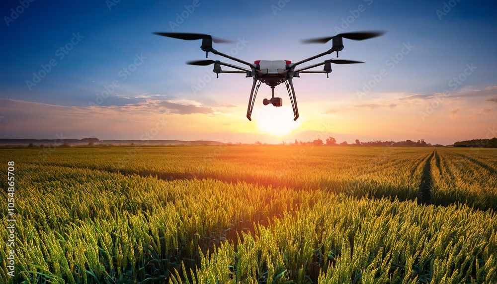 A drone flies over a lush green field at sunset, capturing aerial views, showcasing modern agricultural technology. A drone flies over a lush green field at sunset, capturing aerial views, showcasing modern agricultural technology.