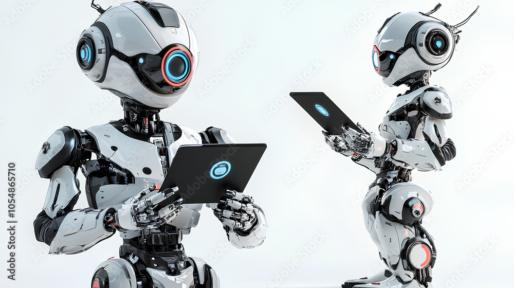 Ai robot using tablet isolate on white background Ai robot using tablet isolate on white background