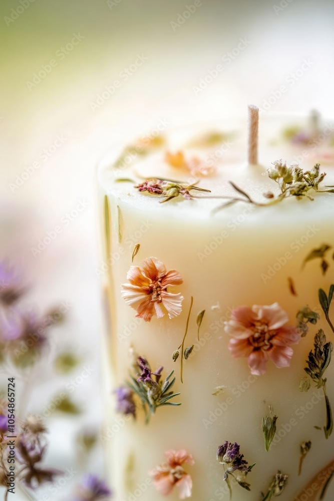 Artistic Macro Shot of Natural Candle with Dried Flowers and Herbs
