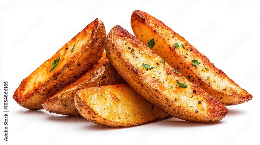 A photostock of roasted potato wedges on a white background, crispy and seasoned. A photostock of roasted potato wedges on a white background, crispy and seasoned.