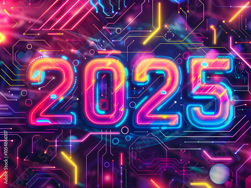 Wallpaper Mural New Year 2025 with glowing neon lights on digital AI board symbolizing technological advances in artificial intelligence of the future. Torontodigital.ca