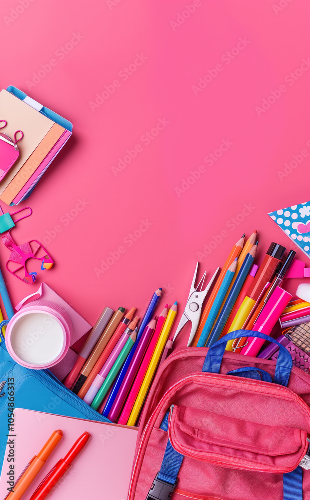Back to school concept. Backpack with school supplies on pink background. Copy space