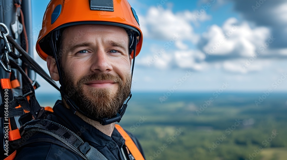 Technician in Full Safety Gear and Helmet Carefully Climbing Wind Turbine Tower Ladder on a Bright Sunny Day with Panoramic Landscape View Technician in Full Safety Gear and Helmet Carefully Climbing Wind Turbine Tower Ladder on a Bright Sunny Day with Panoramic Landscape View