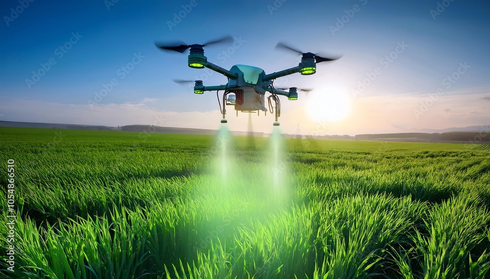 A drone sprays crops in a lush green field under a bright sky, showcasing modern agricultural technology and innovation. A drone sprays crops in a lush green field under a bright sky, showcasing modern agricultural technology and innovation.