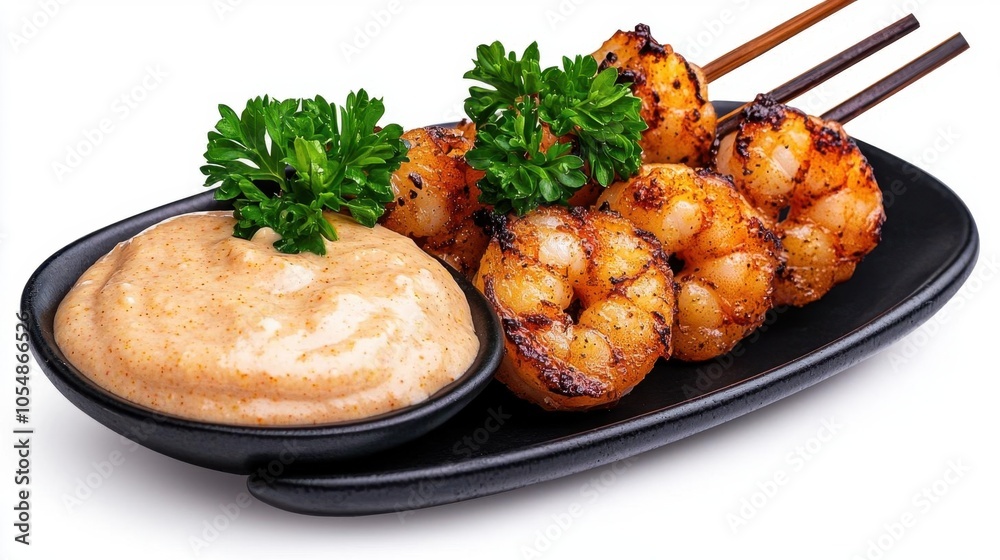 A photostock of shrimp appetizers on a white background, seasoned and ready to serve. A photostock of shrimp appetizers on a white background, seasoned and ready to serve.