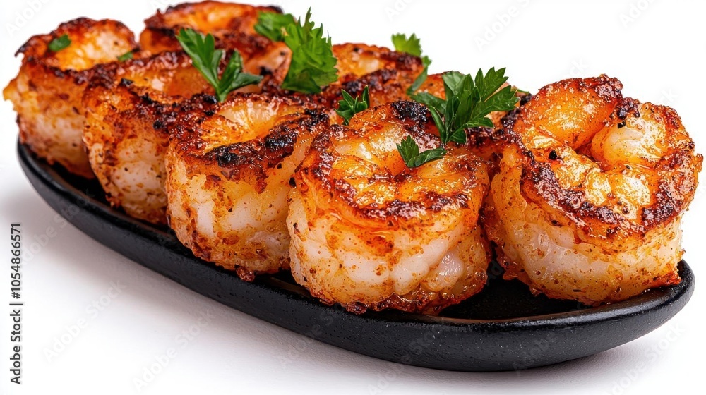 A photostock of shrimp appetizers on a white background, seasoned and ready to serve. A photostock of shrimp appetizers on a white background, seasoned and ready to serve.