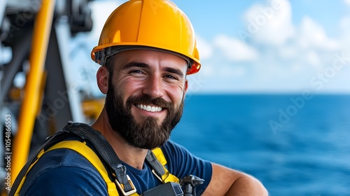 Offshore technician in full safety gear standing on wind turbine platform