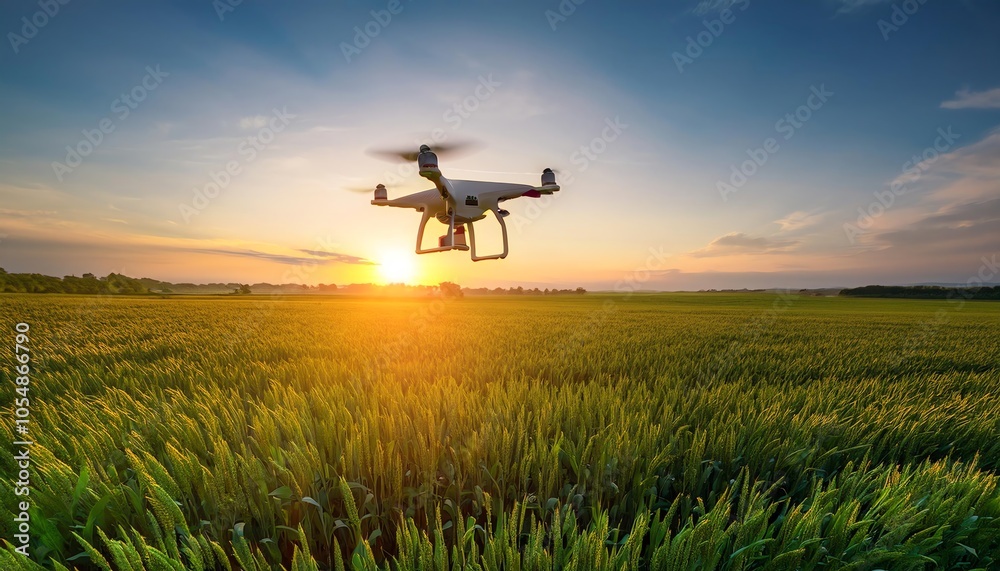 A drone flies over a vibrant green field at sunset, capturing the beauty of nature and technology in harmony. A drone flies over a vibrant green field at sunset, capturing the beauty of nature and technology in harmony.