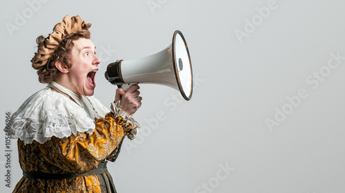 Hear ye, hear ye! A theatrical woman in a historical costume shouts through a megaphone with wide-eyed intensity. Her expression is a mix of excitement and urgency.  