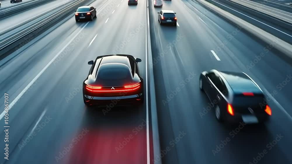 A sleek car drives on a busy highway at dusk, showcasing modern transport technology. A sleek car drives on a busy highway at dusk, showcasing modern transport technology.
