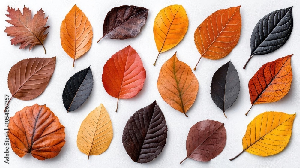 Fototapeta premium A photostock of vibrant autumn leaves on a white background, isolated and scattered.
