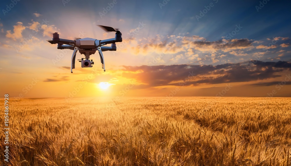 A drone flies over a golden wheat field at sunset, capturing stunning aerial views in a picturesque landscape. A drone flies over a golden wheat field at sunset, capturing stunning aerial views in a picturesque landscape.