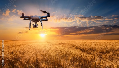 A drone flies over a golden wheat field at sunset, capturing stunning aerial views in a picturesque landscape. photo