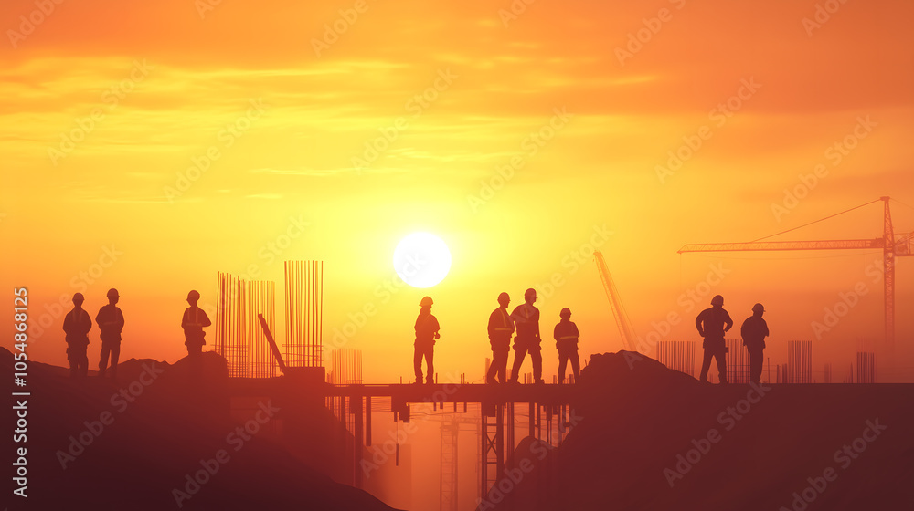 Fototapeta premium Silhouette of engineers and workers on construction site. Construction site with intersection path at sunset in the evening.