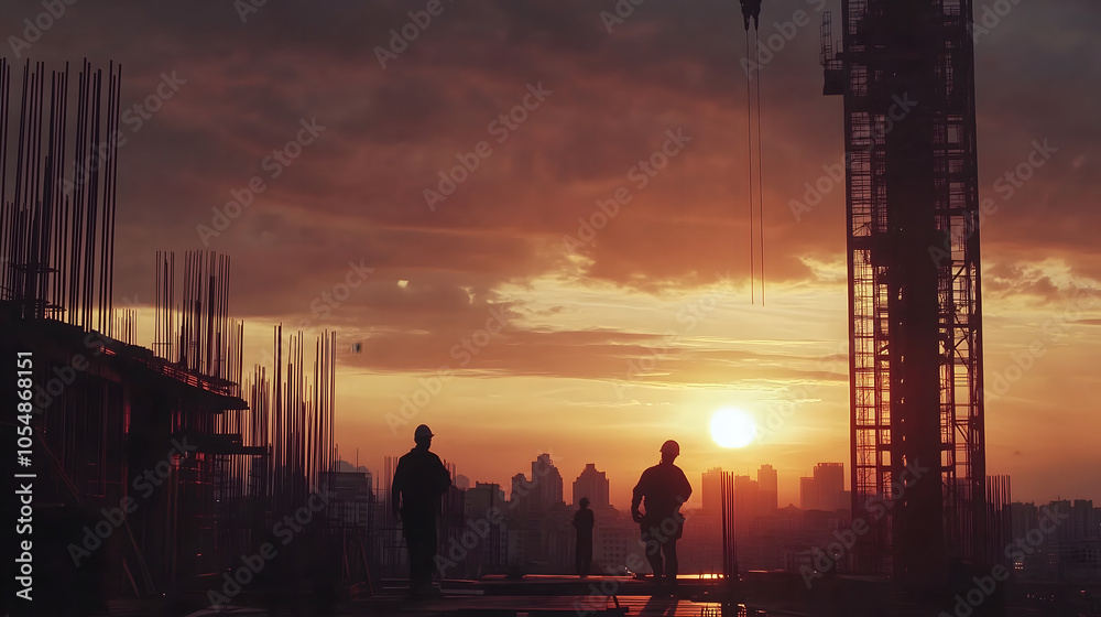 Silhouette of engineers and workers on construction site. Construction site with intersection path at sunset in the evening. Silhouette of engineers and workers on construction site. Construction site with intersection path at sunset in the evening.