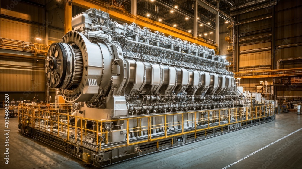 Industrial engine room interior. Industrial power plant main generator with enormous diesel engine. high voltage industrial diesel generator at a power generation plant Industrial engine room interior. Industrial power plant main generator with enormous diesel engine. high voltage industrial diesel generator at a power generation plant