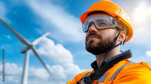 Technician in reflective gear and helmet working on turbine blades high above the sea secured by harnesses and ropes performing high altitude offshore wind turbine maintenance and repair