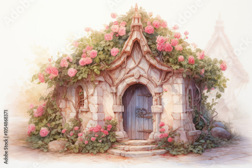 Cute Fairy Tale House, Watercolor. Romantic Fairytale Home with Lush Pink Flowers and Charming Stone Entrance with Old Wooden Door. Fantasy Elvish or Dwarven Home