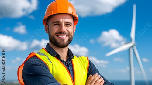 Offshore Wind Turbine Technician Inspecting Blade During Maintenance Safety Equipment and High Visibility Jacket While Securing Themselves with Ropes Against the Backdrop of the Sea and Sky