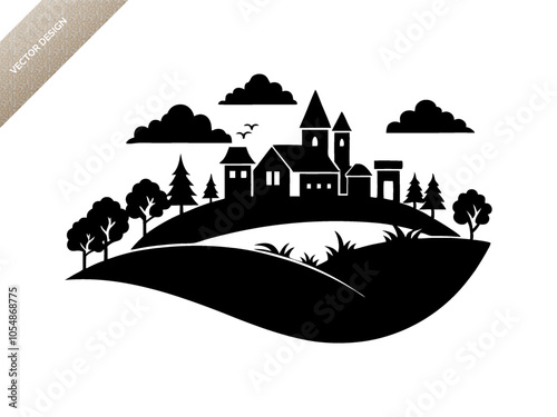Village life scene landscape silhouette black vector art design 