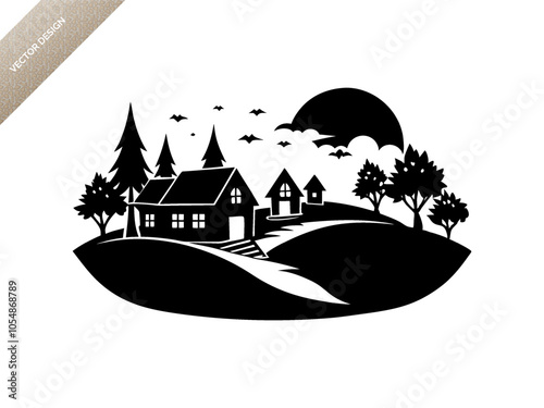 Village life scene landscape silhouette black vector art design 