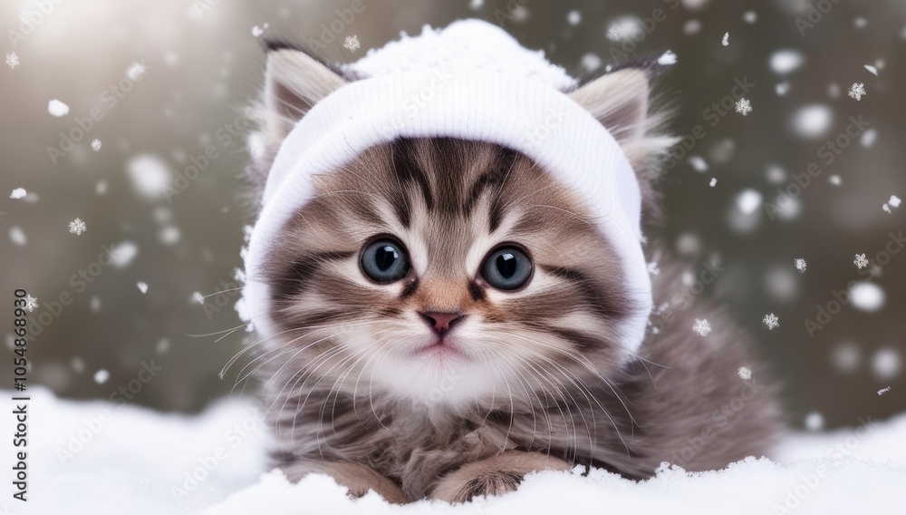 Portrait of a cute Christmas kitten in a white knitted hat under the snow Portrait of a cute Christmas kitten in a white knitted hat under the snow
